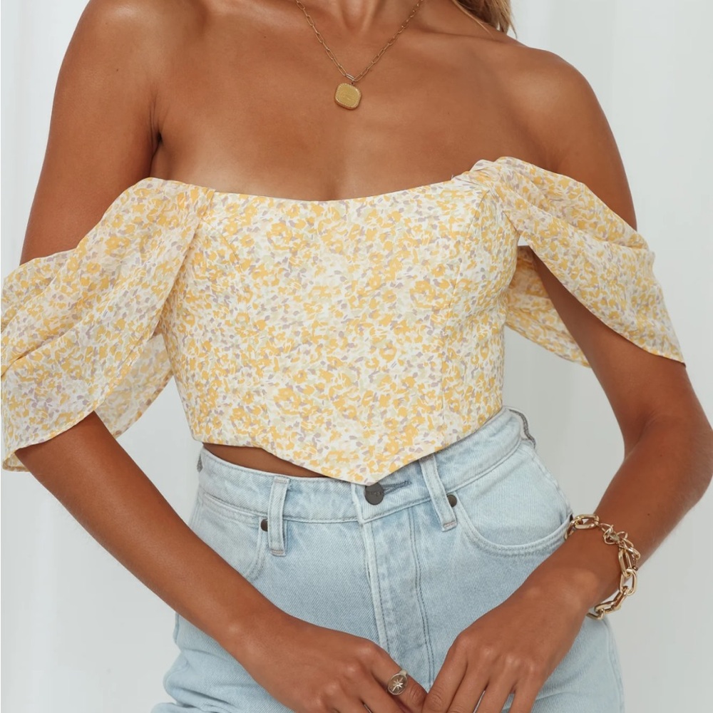 Hello Molly Picnic Dance Top Yellow Floral Off Shoulder Corset Crop US 8 Large